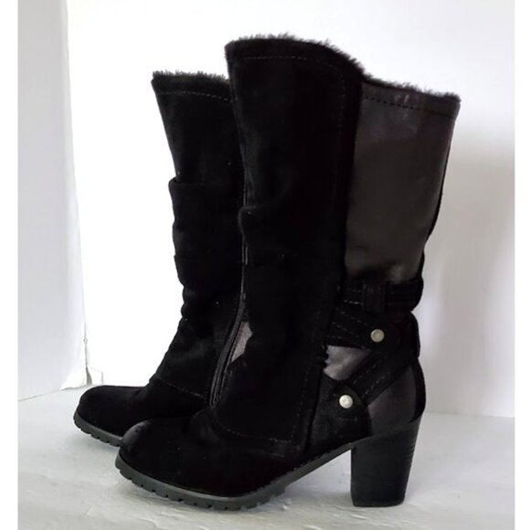 Baretraps Black Faux Fur Lined Suede/Leather Mid-Calf Block Heel Boot Sz 8 Moto - Picture 1 of 11